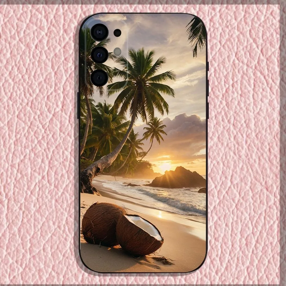 Casing Ponsel Pohon Kelapa untuk Samsung S25,S24,S21,S22,S23,S30,Ultra,S20,Plus,Fe,Lite,Note,10,9,5G Sampul Hitam