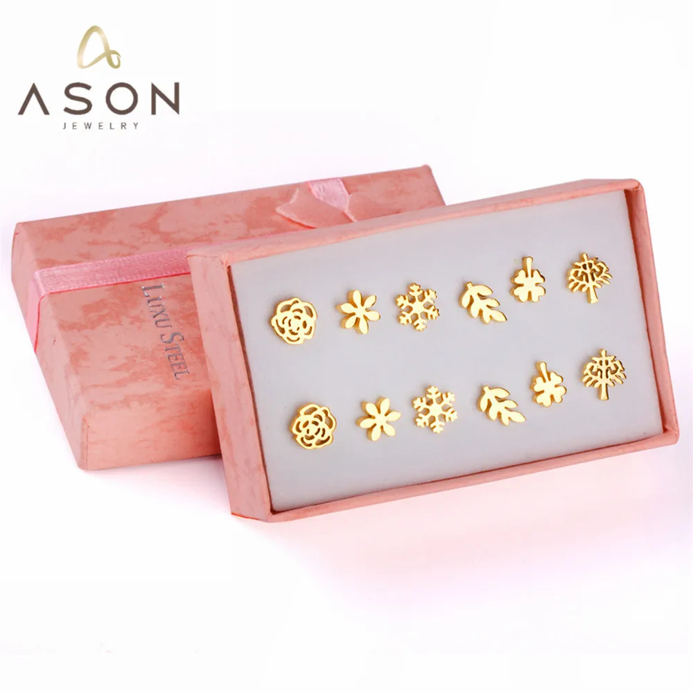 ASONSTEEL 6 Pairs/Box Vintage Stud Earrings Set for Women, Snowflake Piercing, Stainless Steel, Modern Gold Color, New Surgical