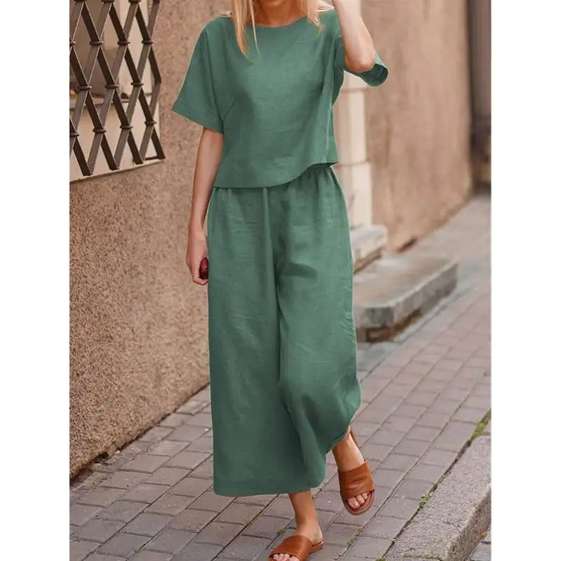 Set Celana T-irt 2 Potong Wanita Musim Gugur S5XL Pakaian Kasual Wanita Ansambel Modis Campuran Linen Nyaman Koleksi Musim Gugur 202...
