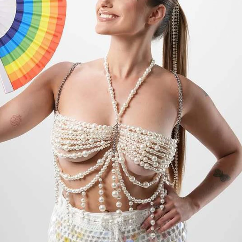 New Faux Pearl Beaded Tassel Chest Body Jewelry For Women Sexy Ladies Crop Top Fashionable Outerwear Bra Party Wear