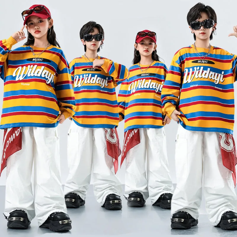 Kind Kpop Hip Hop Kleidung Orange Gestreiftes Sweatshirt Top Weiß Straße Fallschirm Cargo Hosen für Mädchen Junge Tanz Kostüme Kleidung