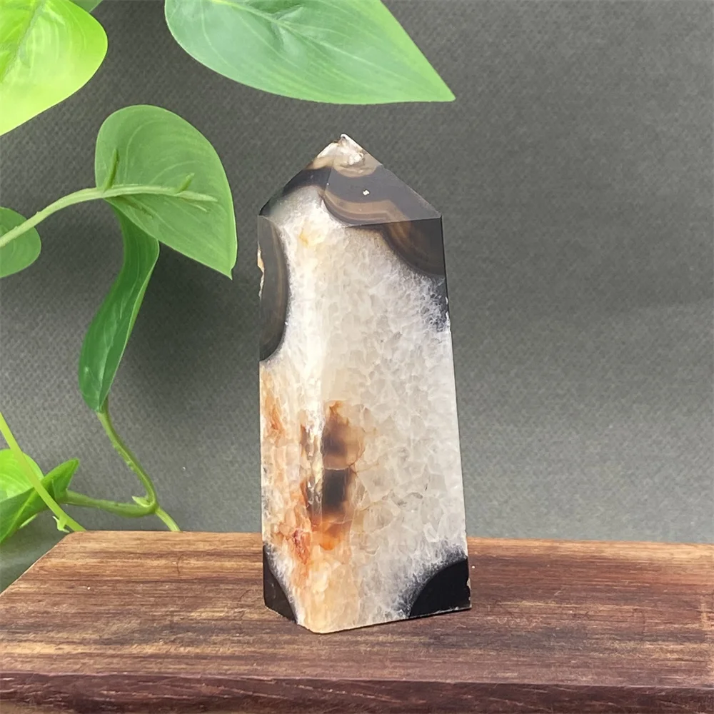 Natural Black Cherry Blossom Agate Four-corner Crystal Tower Feng Shui Wealth Ornaments Meditation Chakra Home Decoration