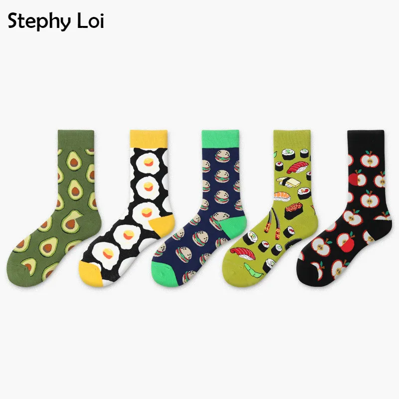 Harajuku Novety Avocado Fried Egg Burger Sushi Apple Cotton Crew Men Socks Style Kawaii Funny Patterned Gift Crazy Color Black