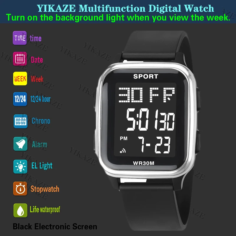 YIKAZE Men\'s Sports Electronic Watches Silicone Waterproof Men LED Digital Watch Ultra-thin Outdoor Multifunction Military Clock