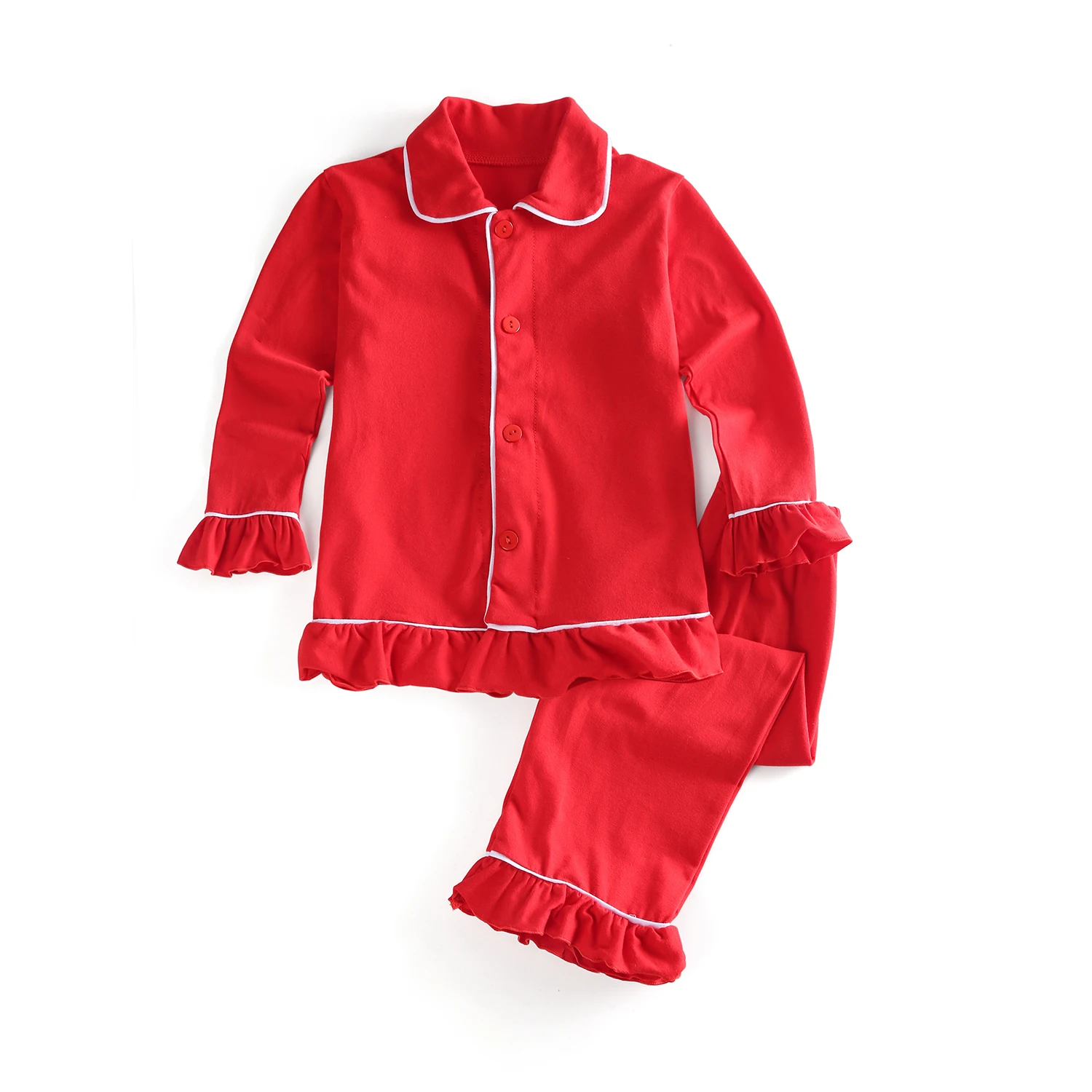 Hot Sale Family Matching Outfits Boys And Girls Ruffle Pajamas Red Solid Cotton Long Sleeve Baby Button Kids Pyjamas Sets