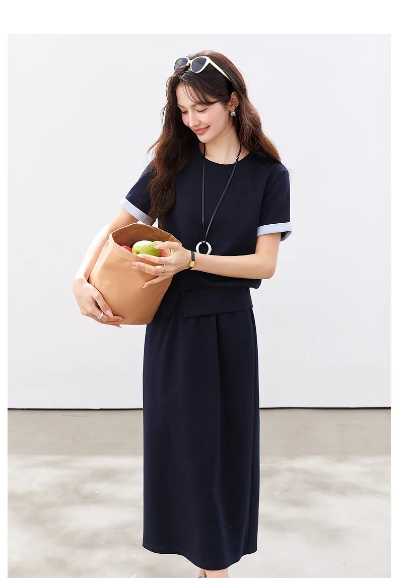 VIMLY Navy Casual Office Women's Suit 2026 Summer Contrast Folded Cuff Short Sleeve Tee Elastic Waist Straight Skirt Sets A6390