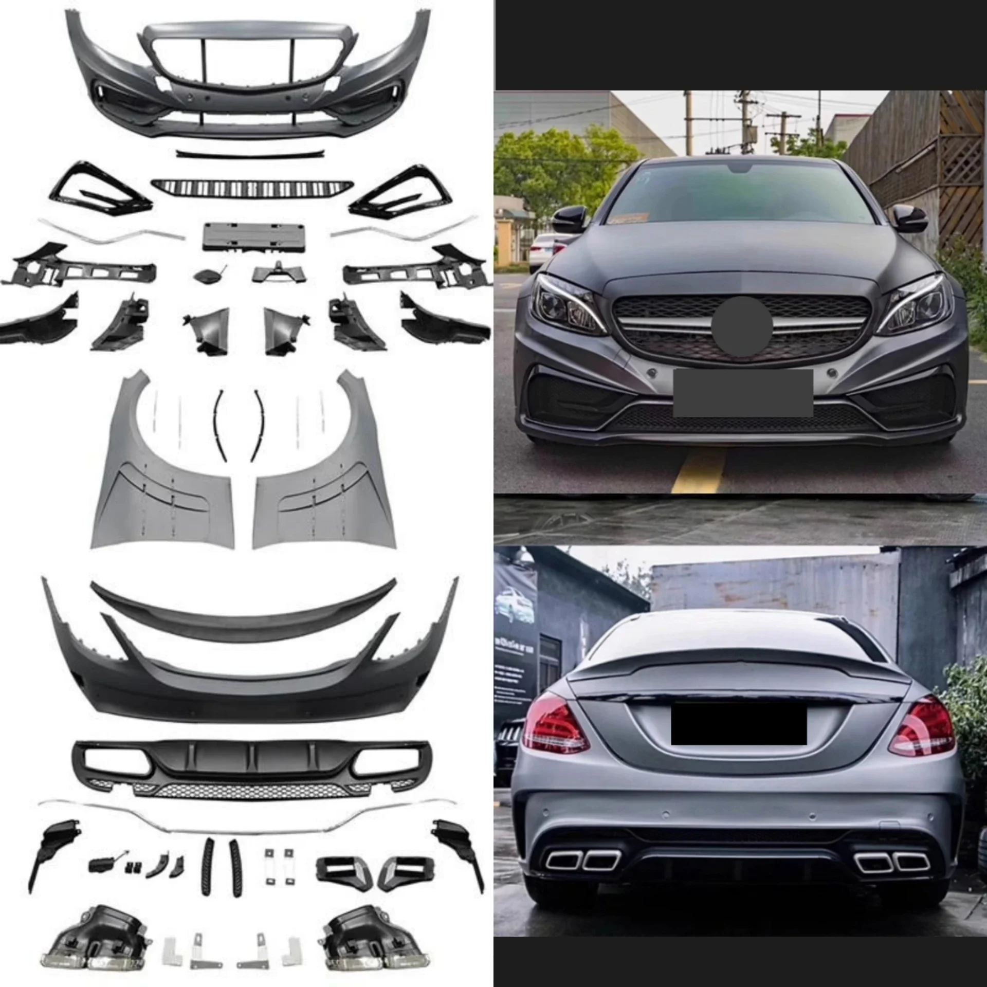 

For C Class W205 C180 C200 2015-2019 Modified Front Rear Bumper Fender Grille Assembly PP Material Car Body Kit