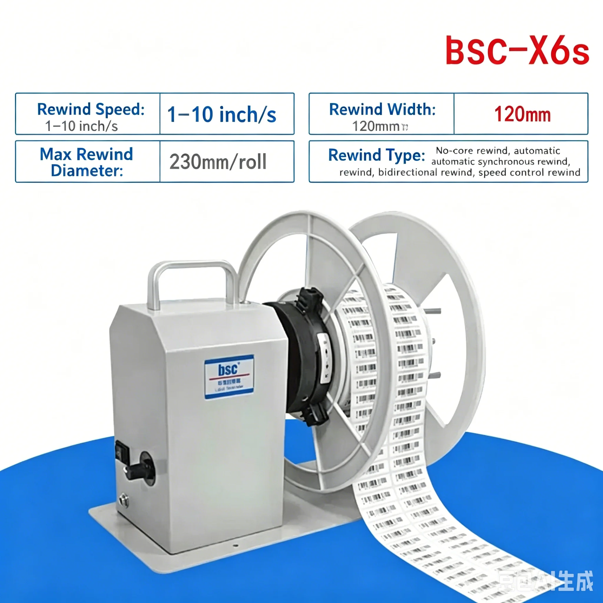 BSC-X5S X6S Auto Label Rewinding Machine Large Bracket Tag Winder Compatible Thermal Coated Matte Silver Synthetic Paper Wash Ma