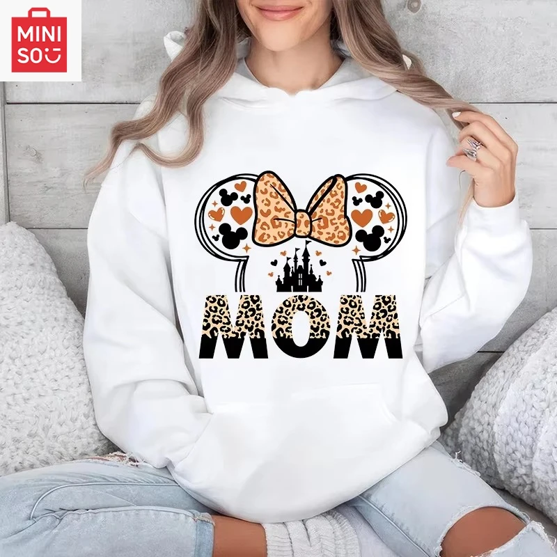 

MINISO Kawaii Mom Minnie Mouse Sports Sweatshirt Adult Clothing Casual Tops Kingdom Print Women's Hooded