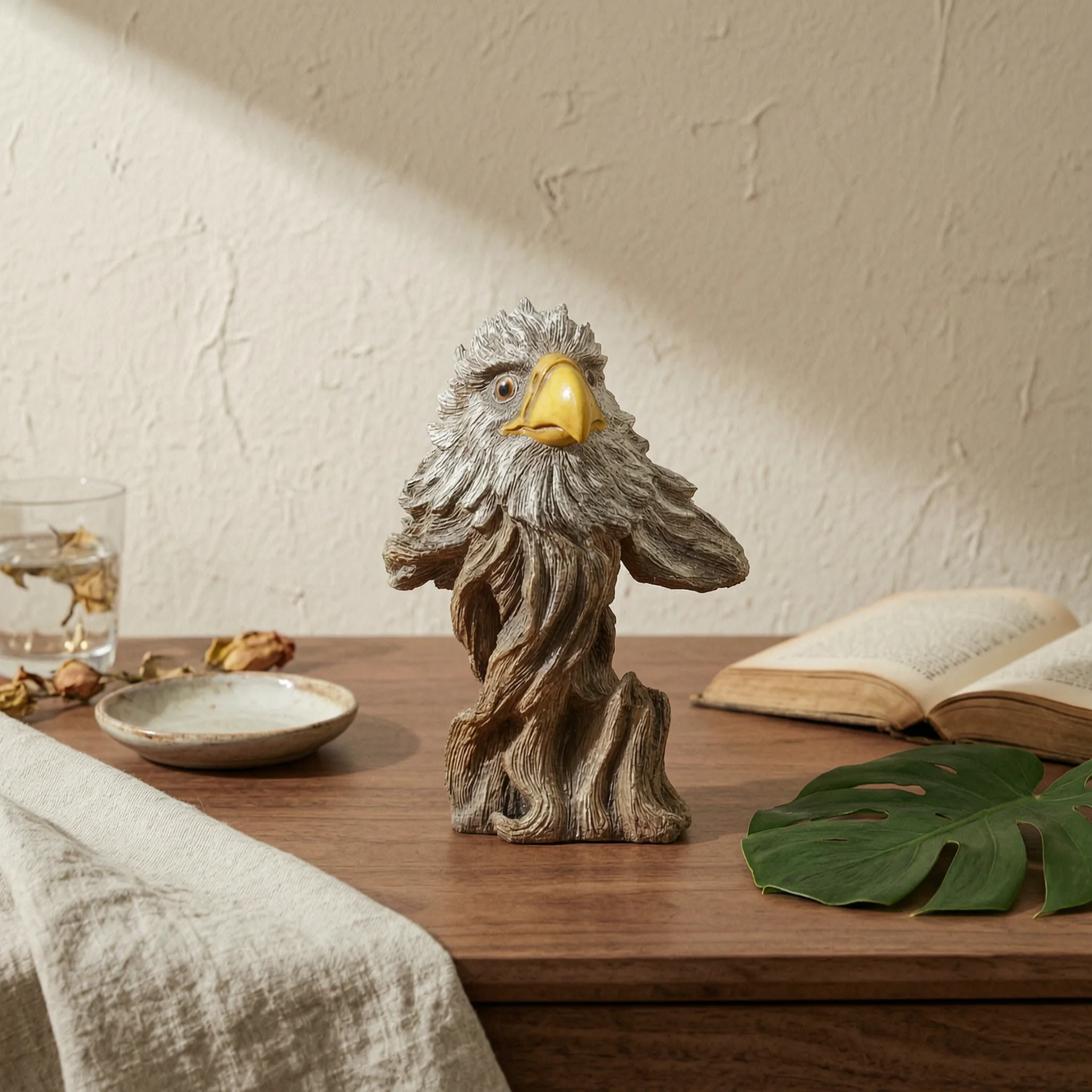 Hand-carved Look Wood-grain Carved Owl Figurine Animal Ornament Resin Owl Statue for Home Display Shelf