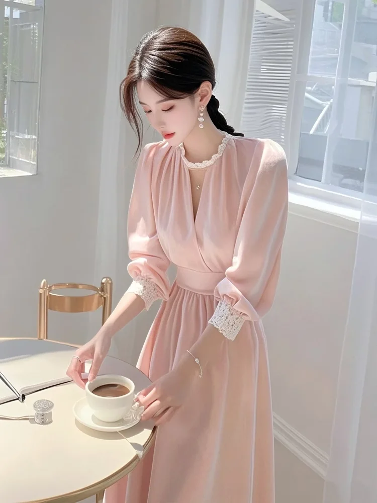 

Ele Pink Waist-Cinching Long Dr Spring Season High Waist A-Line Skirt Lace Splice Ladylike Sle Women's Faion Dr