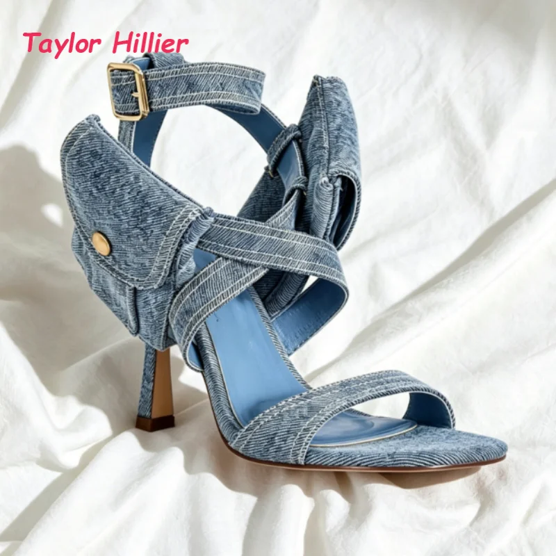 

Square Toe Crisscross Wrap Ankle Buckle Sandals Ladies Blue Denim Stiletto High Heels Outdoor Y2K Street Style Party Dress Shoes