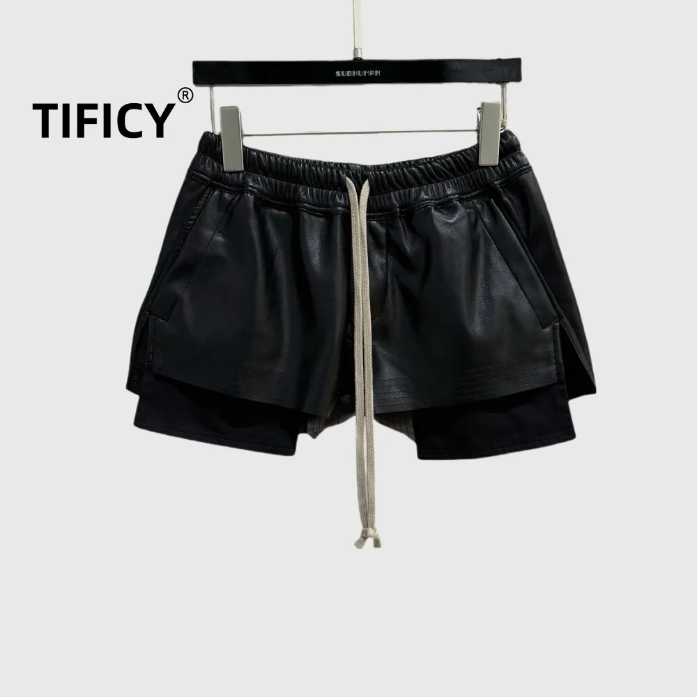 High Street Women's Dark Style Shorts Black PU Leather Elastic Waistband Drawstring Style Showing Leg Length Fashionable Shorts