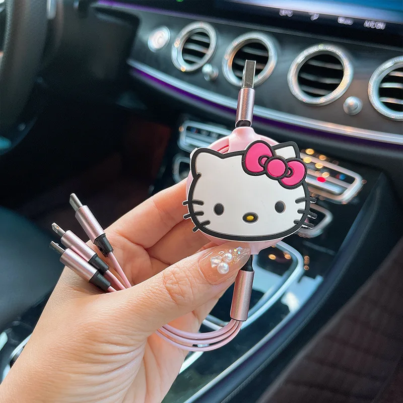 Hello Kitty Retractable 3 in1 Fast Charge Data Cable Car Three-in-One Fast Charge Line Type-C for Iphone Samsung Huawei