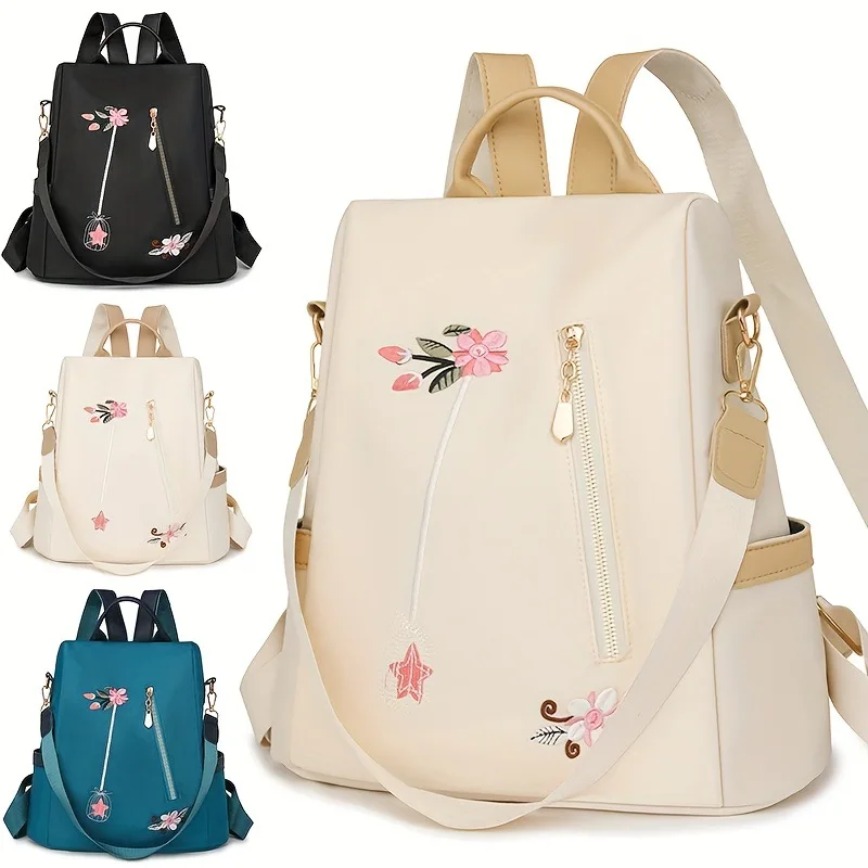 Women Floral Embroidered Anti theft Backpack Oxford Cloth Multi purpose Convertible Shoulder Bag Casual Travel School Daypack