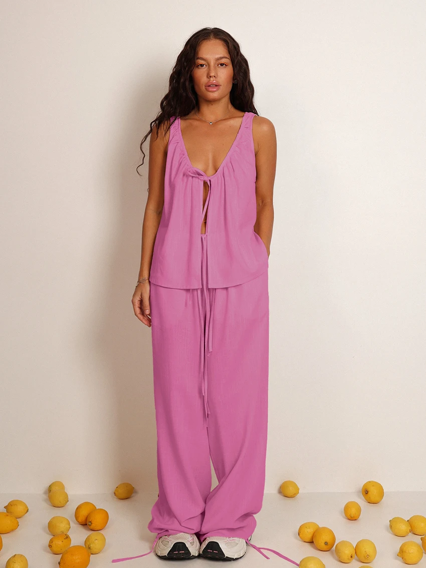 

Marthaqiqi Cotton Female Sleepwear Set Sexy V-Neck Pajama Lace Up Nightgown Sleeveless Nightwear Pants Casual Women Nightie Suit