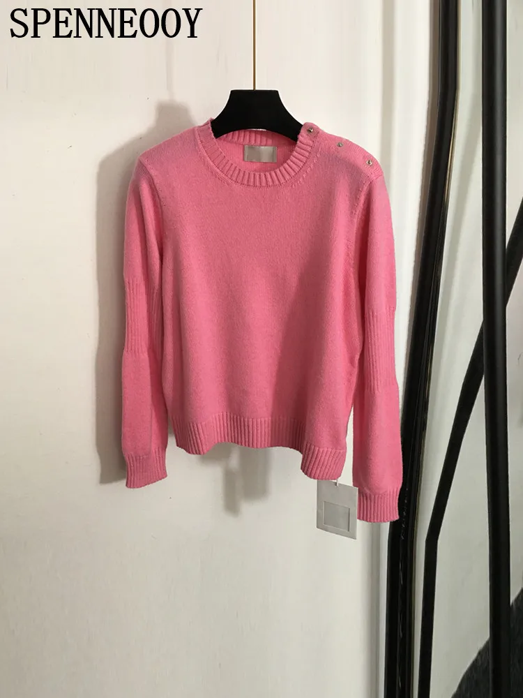 SPENNEOOY Fashion Runway Winter Pink Color Wool Knitting Pullovers Women\'s O-Neck Chic Button Loose Long Sleeve Warm Sweaters