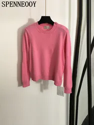 SPENNEOOY Fashion Runway Winter Pink Color Wool Knitting Pullovers Women's O-Neck Chic Button Loose Long Sleeve Warm Sweaters