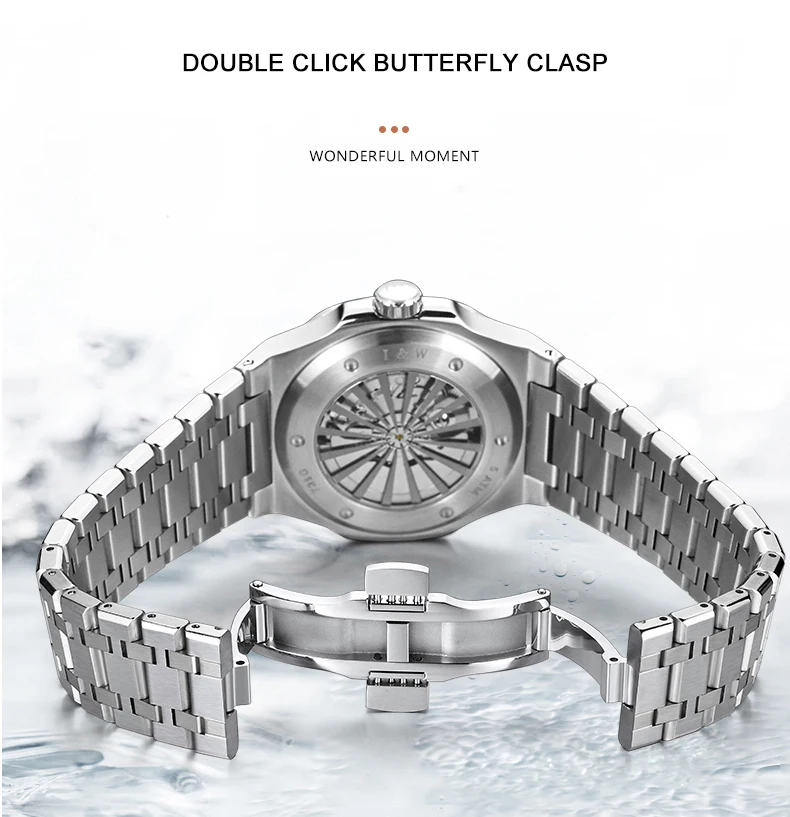 I&W Mens Luxury Watches 42mm Square Automatic Mechanical Wristwatch 50M Waterproof Luminous Steel Strap Crystal Bezel Date Week