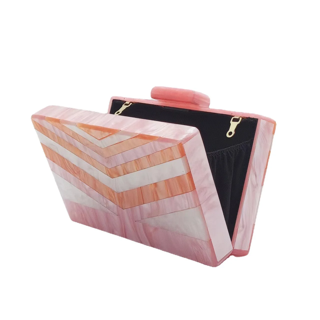 Trendy Women's Evening Bag Retro European and American Pearl Pink Spliced Acrylic Shoulder Chain Handbag Fashionable Clutch