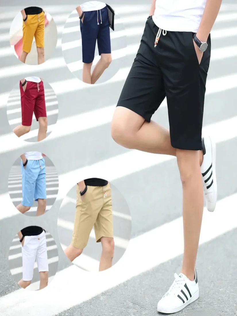

2025 NEW Men summer shorts are casual fashionable versatile slim fit cropped trendy straight leg solid color and mid length pant