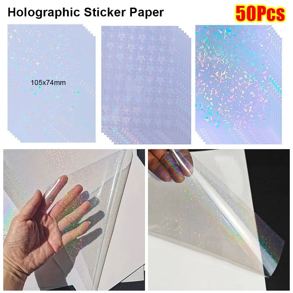50Pcs Sand Stars Holographic Sticker Paper Self Adhesive Waterproof Cold Lamination Film 3 Inch 105x74mm Clear Overlay Film