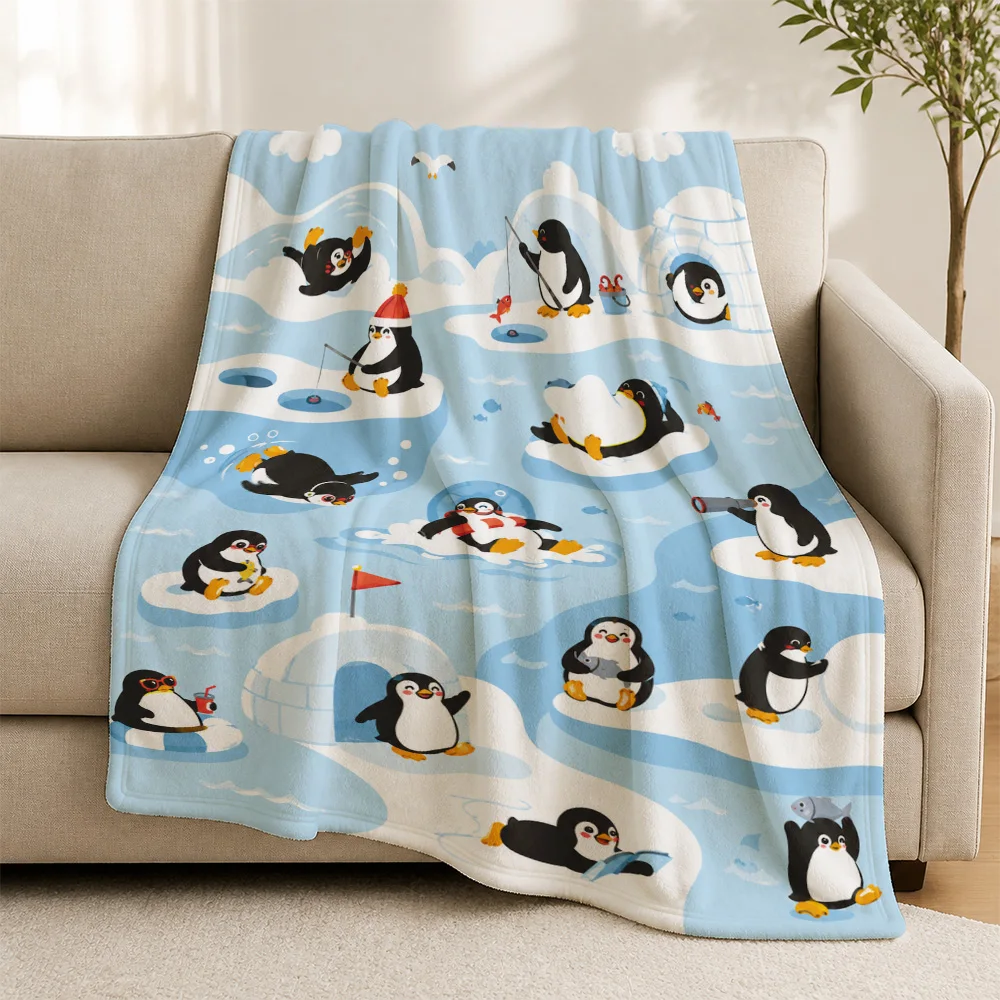 Premium Fluffy Penguin Cartoon Throw Blanket for Sofa Couch Fleece Winter Lap Throw Cozy Cute Animal Theme Bed Decor Gift Idea f