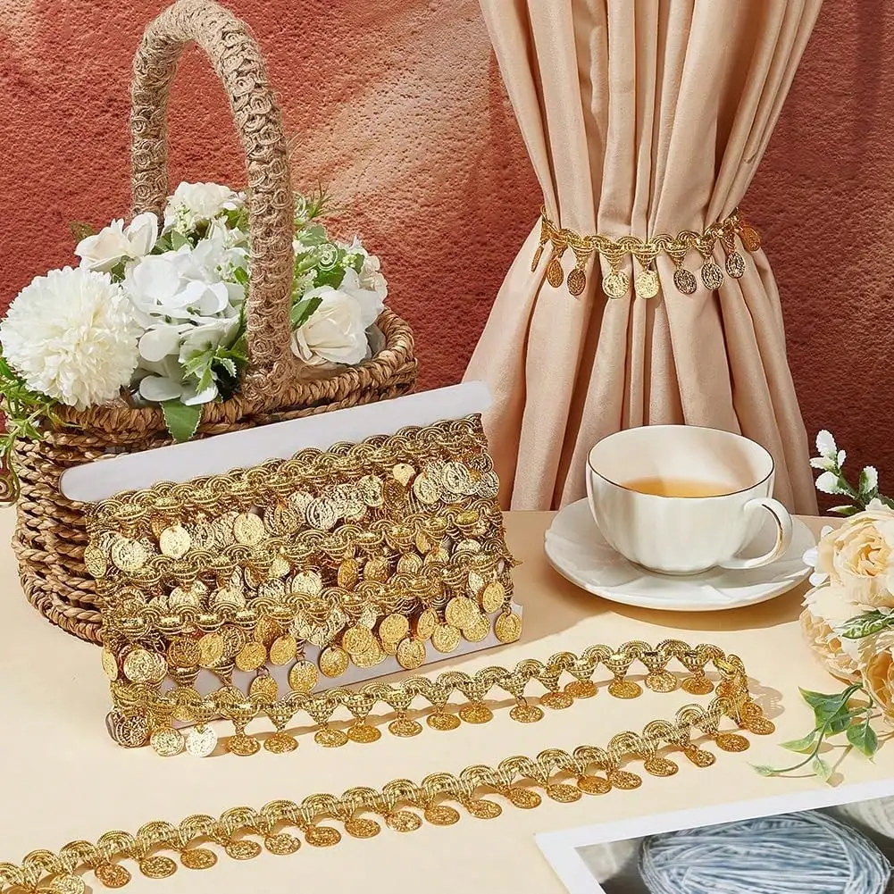 Goldmünzenförmige Paillettenbesatz-Borte mit Quasten, 4 cm breit, Pailletten-Quastenband, Fransen für Tanzkleider, Gürtel, Ketten, Kleidung – Detail 10