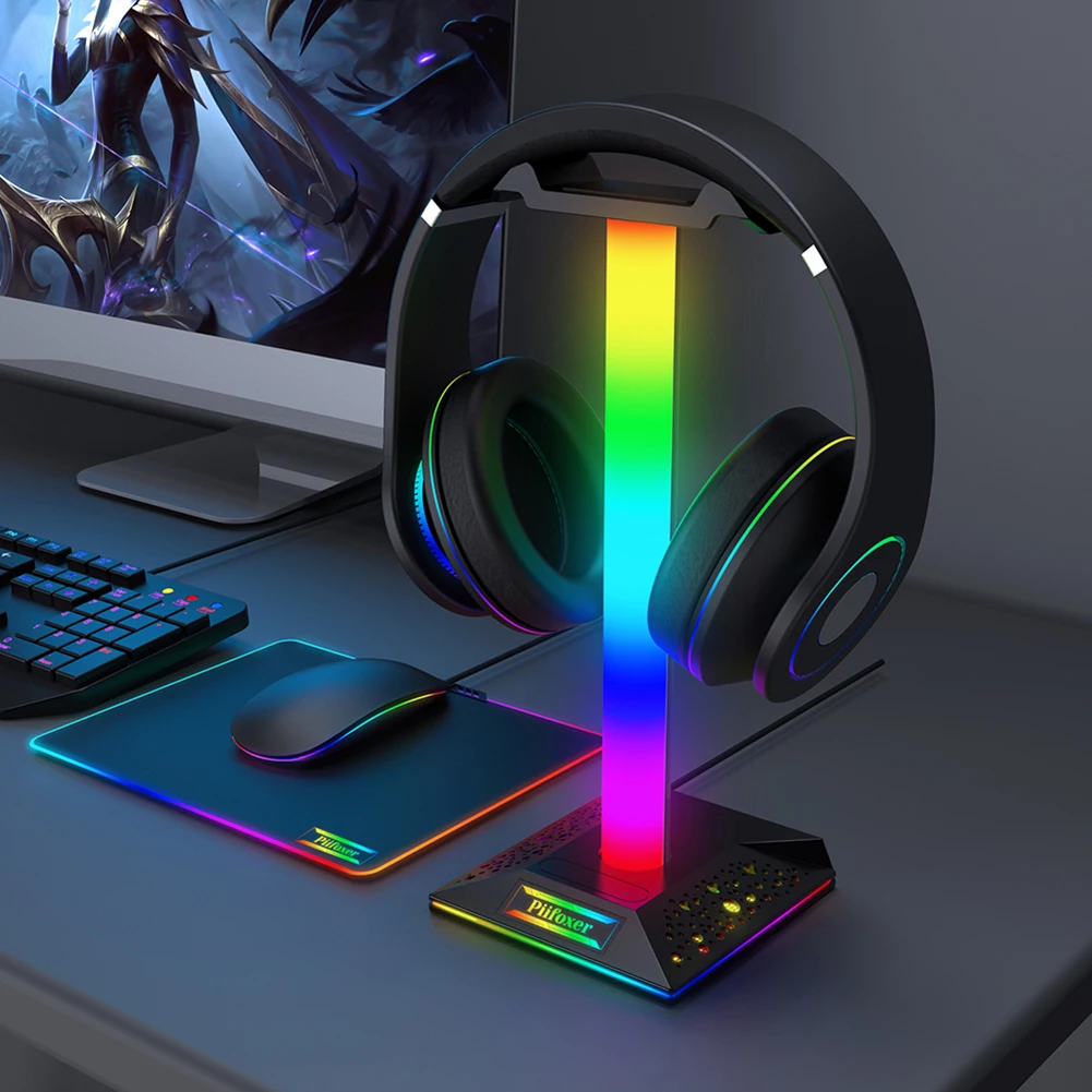 RGB ゲーミングヘッドフォンスタンドデュアル USB ポートプラスチックデスクトップディスプレイホルダー 3.5 ミリメートルオーディオタッチコントロールイヤホンアクセサリー