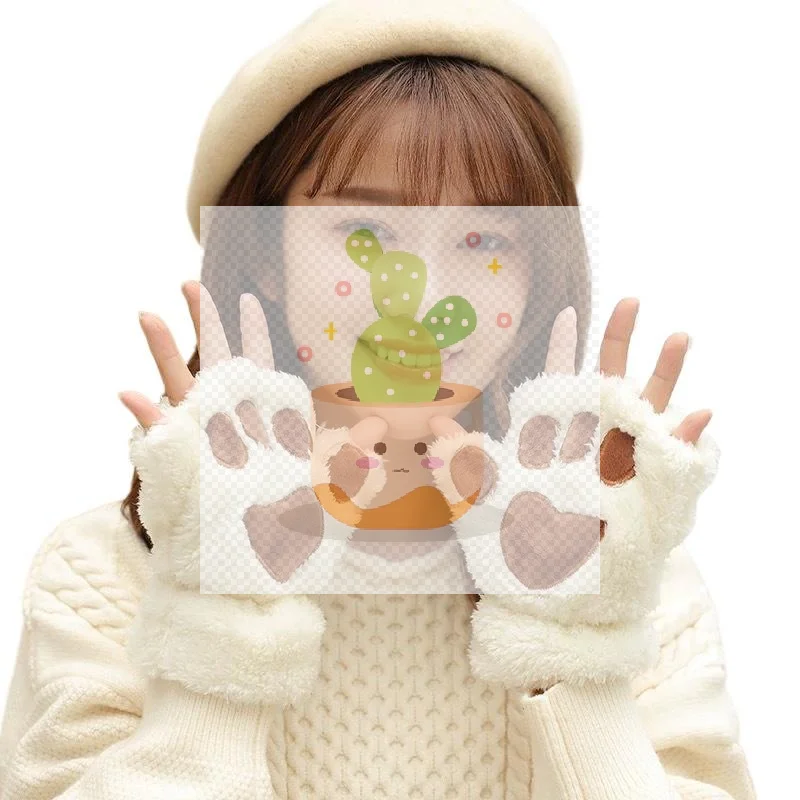 قفازات نسائية الدب النخيل باو الحيوانات أفخم مخلب قفاز الشتاء رقيق القط باو قفازات كاملة الأصابع الدفء جميل لينة فروي القفازات