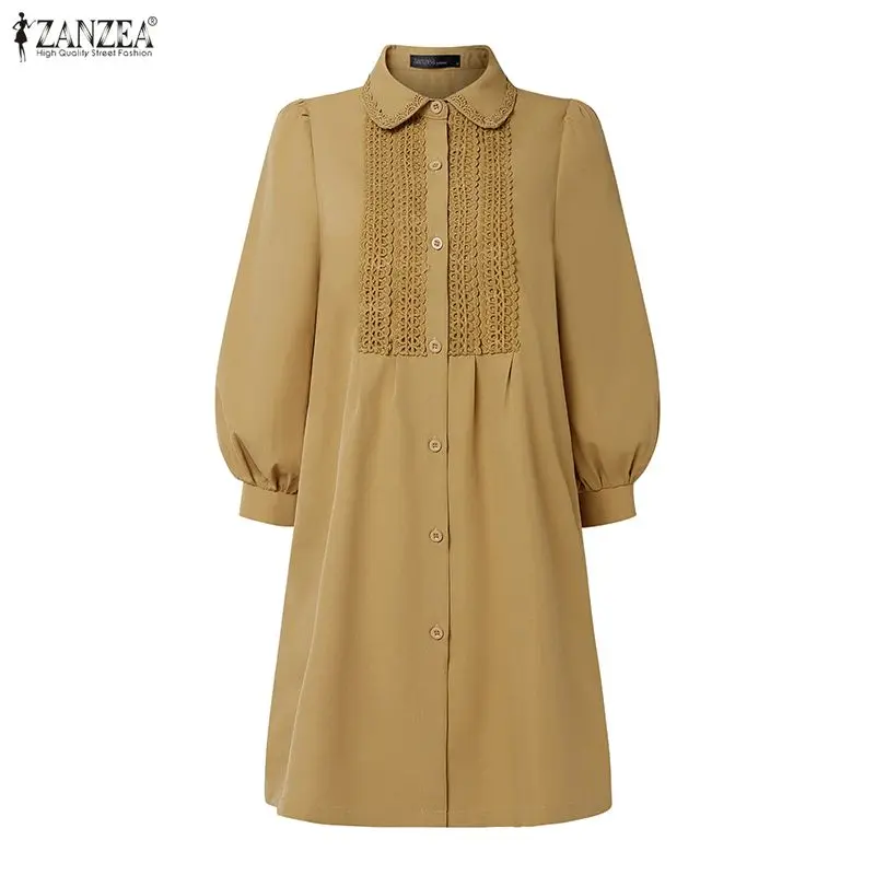 ZANZEA Women Sexy Mini Dress Summer Lapel Solid Color Short Sundress 3/4 Puff Sleeve Lace Holiday Vestidos Korean Street Robe