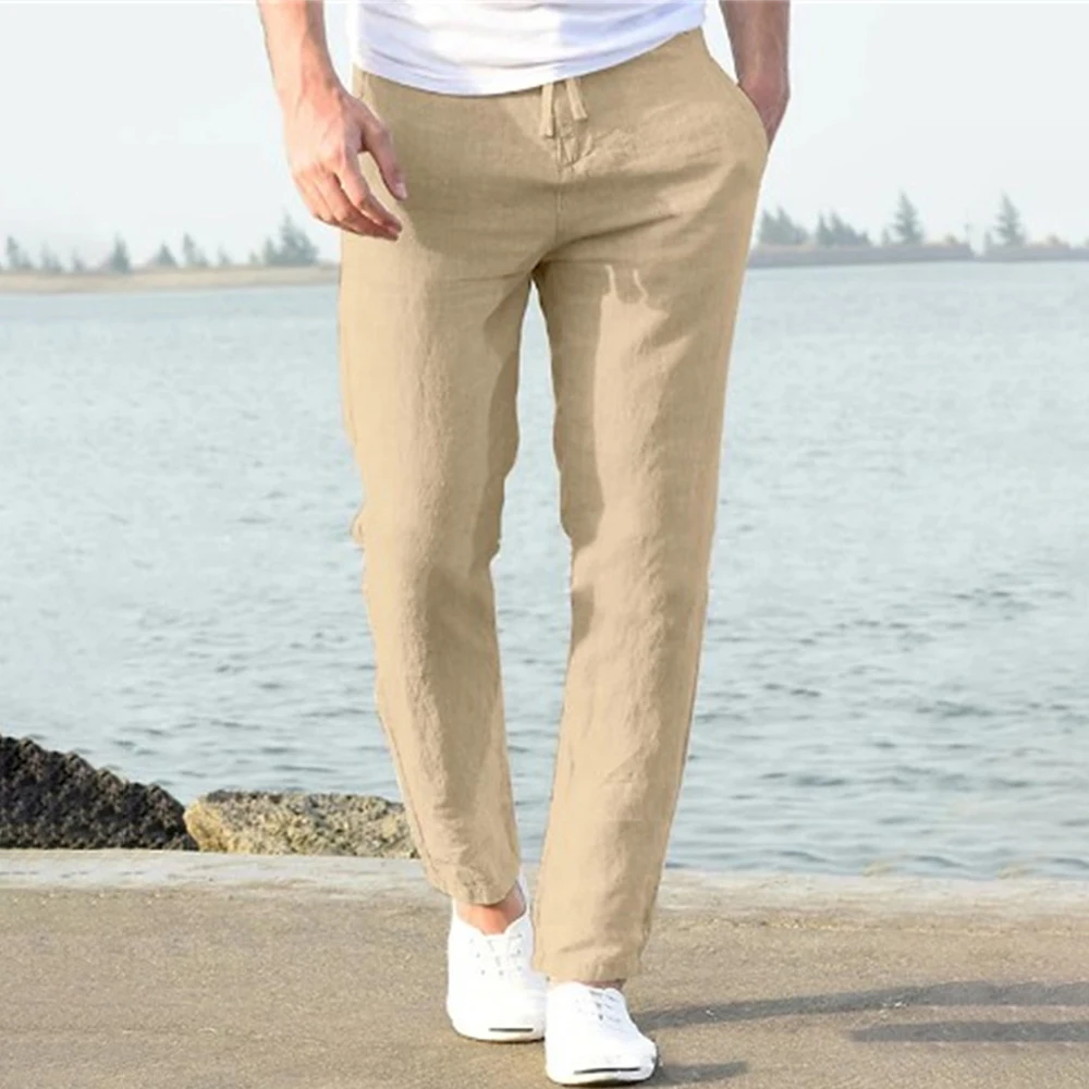 2024 Men\'s Summer Cotton Linen Retro Sports Pants Men\'s Casual Solid Color Harem Pants Fashion Versatile Straight Leg Trousers