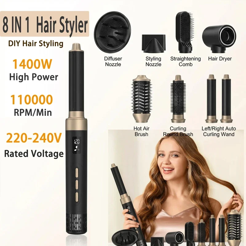 

8-in-1 Hair Dryer, Brushless High-Speed Hair Dryer with Diffuser, Negative Ion Hot & Cold Air Styler, Perfect for Home and Salon