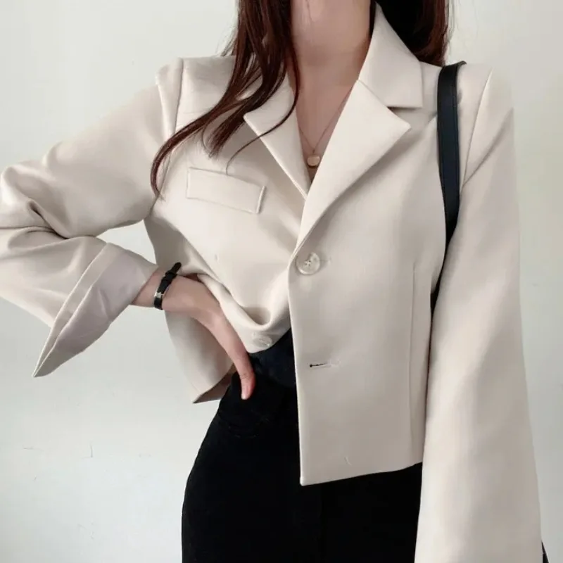 

Ретро-пиджак с лацканами на двух пуговицах, свободного кроя, универсальный, для повседневной носки, укороченный, для невысоких женщин, с длинным рукавом, стандартной длины, однотонный