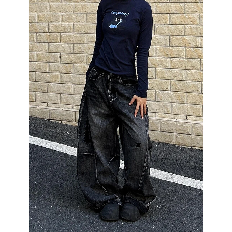 ZHIZOU Damen Tomboy Dark Academia Baggy Low Rise Mom Jean Japanische Y2K Harajuku Denim Hose mit weitem Bein 2000er Cyber Punk Grunge