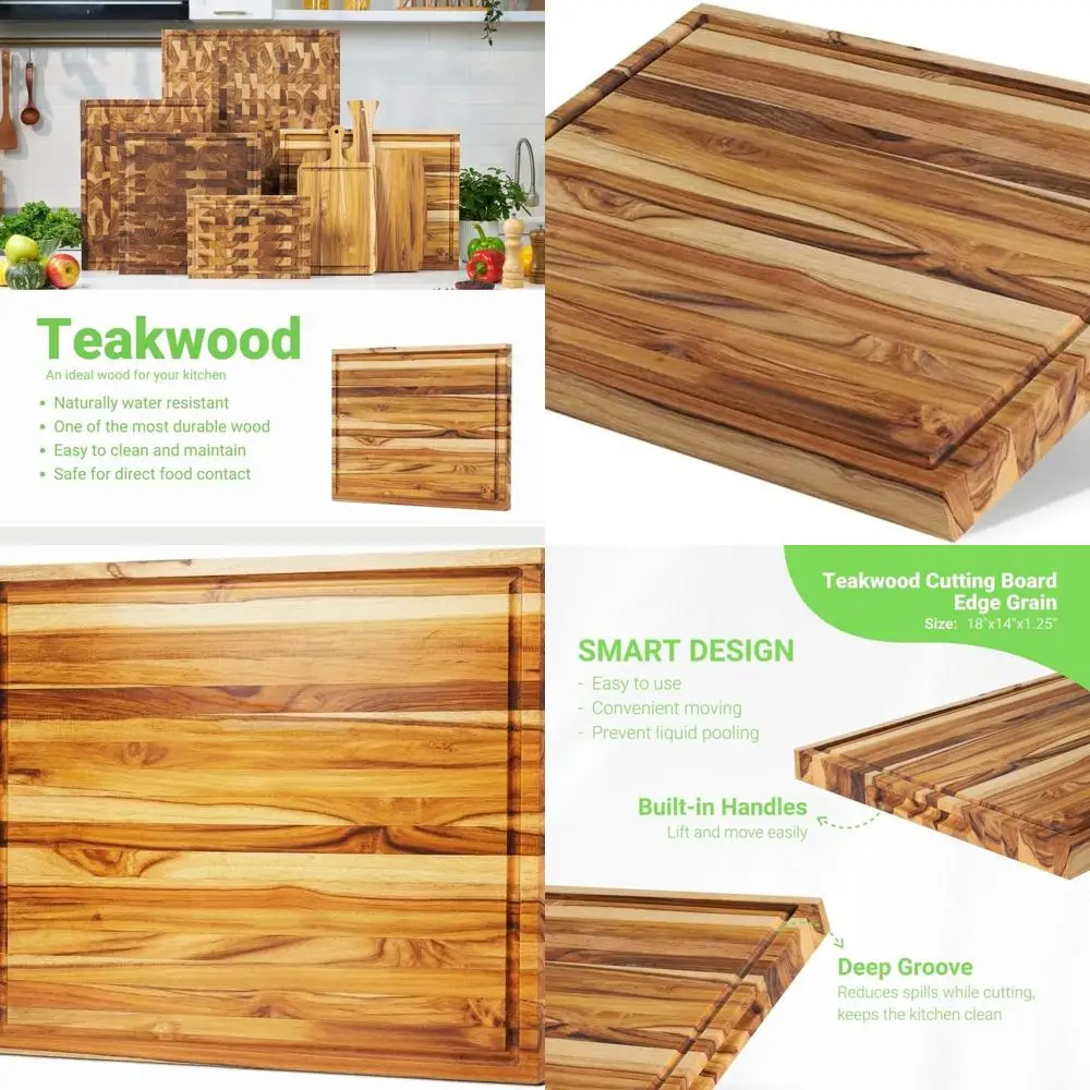 

Двусторонняя разделочная доска из тикового дерева, 18x14x1,25 дюйма, кухонный измельчитель премиум-класса с канавкой для сока