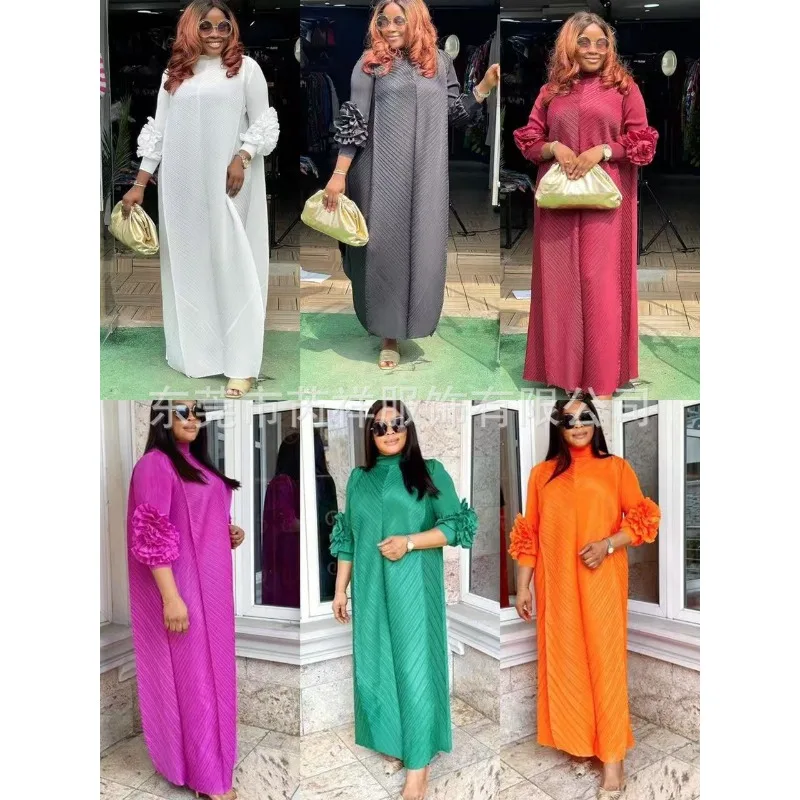 

Maxi Pleated Dress Round Neck Spliced Fungus Full Sleeve Dresses For Women 2025 New Spring Clothing