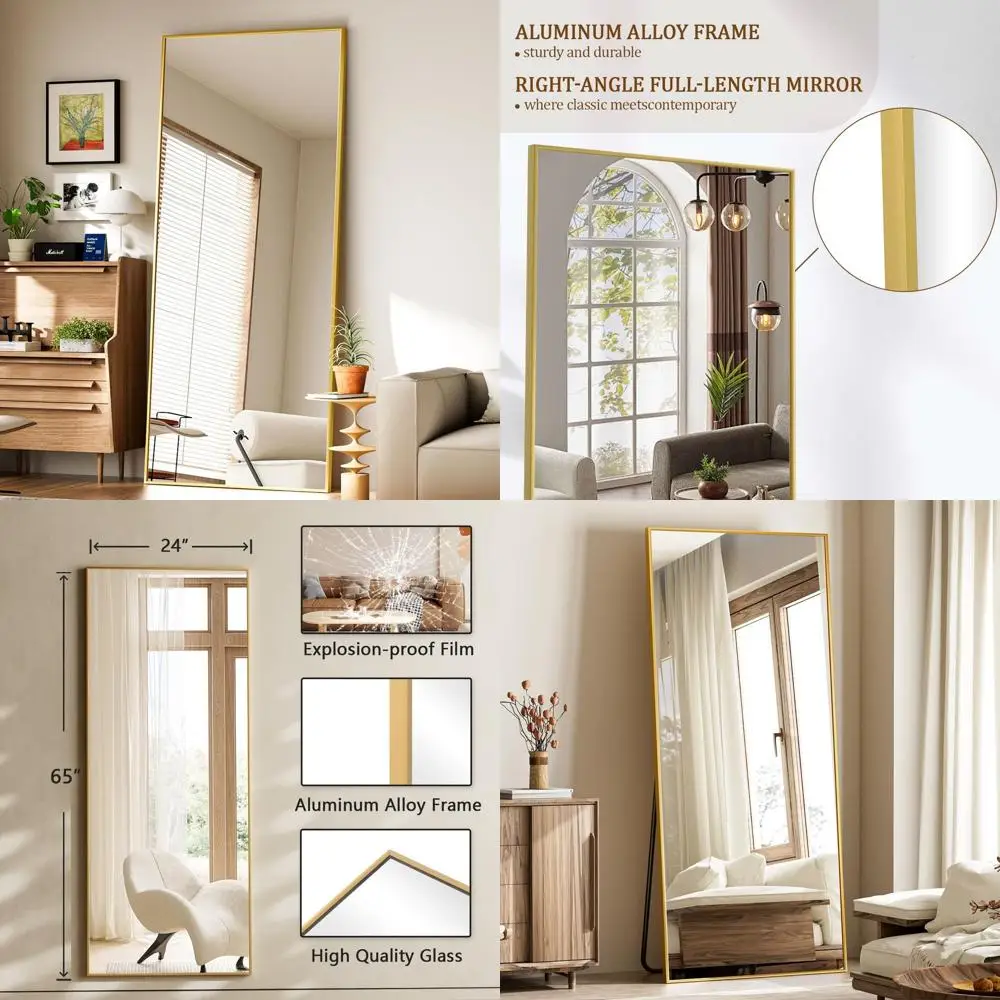 

65 x 24 Full-Length Bedroom Floor Mirror with Stand, Elegant Gold Frame, Versatile for Leaning, Standing, or Hanging