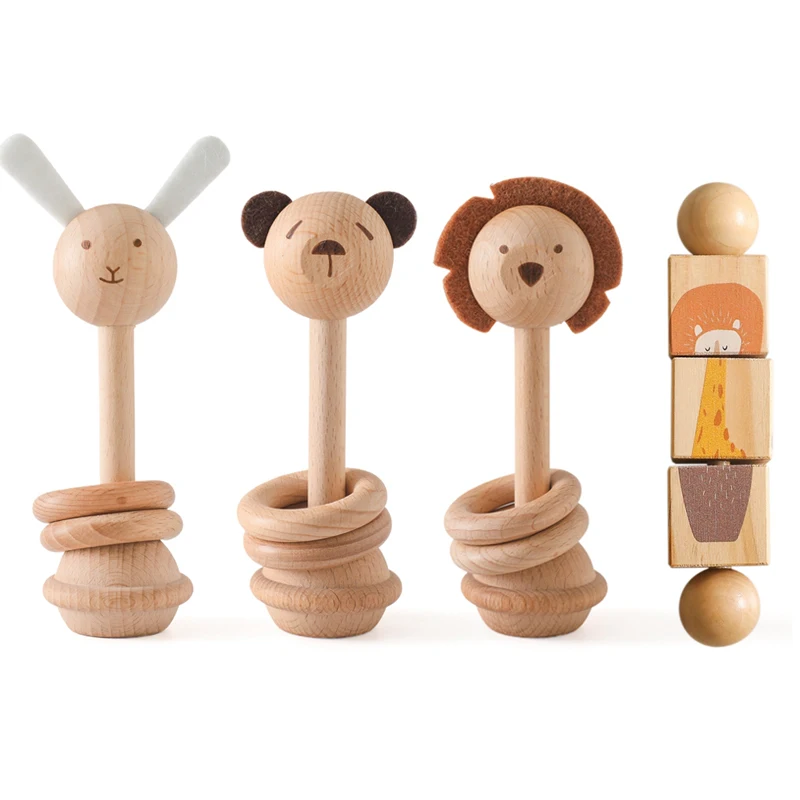 Baby Wooden Montessori Toys Cartoon Animal Rabbit Crocodile Blocks Rattle Puzzle Game Wooden Ring Newborn Rattle Teethering Toys