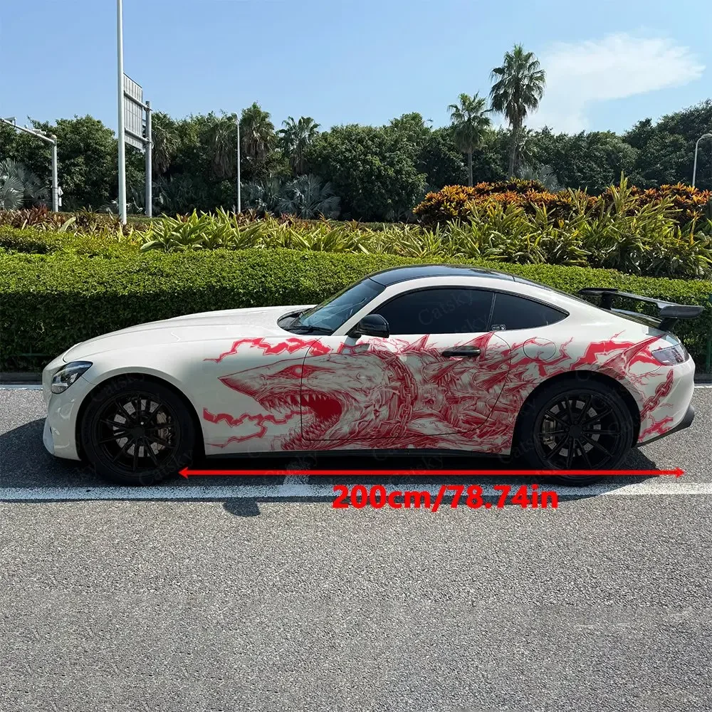 2pcs Red Lightning Mechanical Shark Car Side Wraps, Self-Adhesive PVC Waterproof & Scratch-Resistant Sticker, Car Accessory Gift