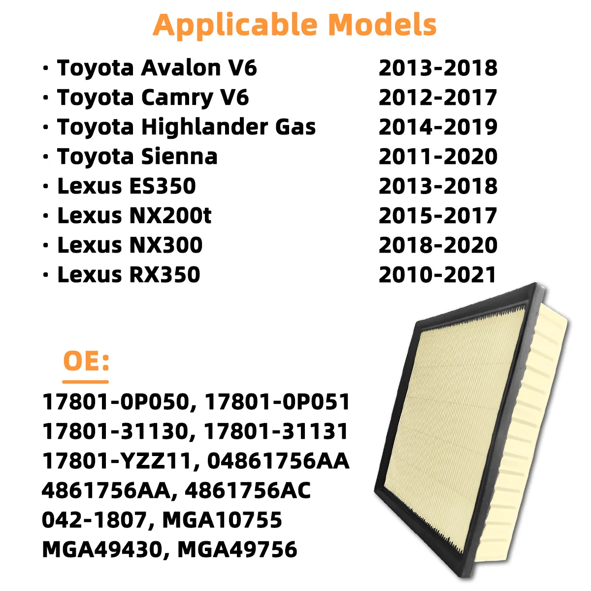 Auto-Motorluftfilter CA10755 Passend für Toyota Avalon Camry Highlander Sienna Lexus ES350 RX350 Jeep Grand Cherokee, 17801-0P050 – Detail 5