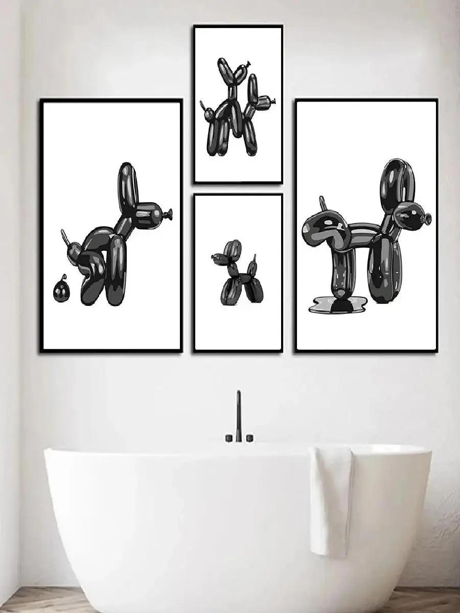 Minimalist Balloon Dog Poster Funny Bathroom Sign Modern Toilet Wall Art Black Humor Decor Canvas Painting for Home