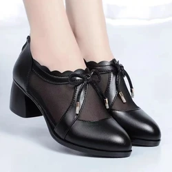 2025 New Mesh Breathable Women's Bow Pumps Pointed Toe Square Heel Back Zip Banquet Party Wedding Shoes Zapatillas Mujer Black