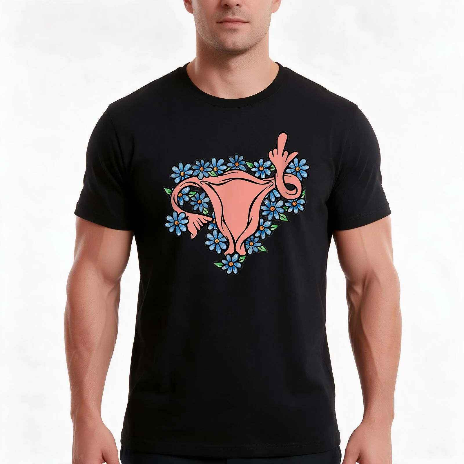 Middle Finger Uterus T-Shirt, Summer Casual Cotton Tee, Oversized Streetwear Tops, Vintage Graphic Print, Loose Fit Short Sleeve