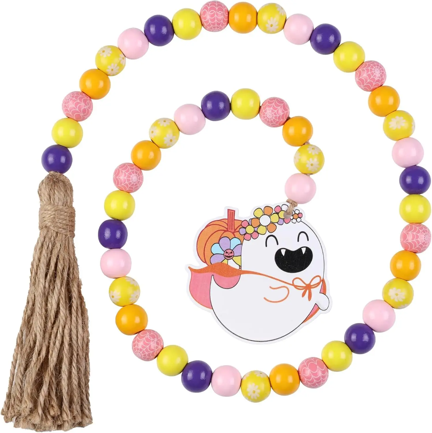 Funmemoir Groovy Halloween Wood Bead Garland with Ghost Pumpkin Wooden Tag and Jute Rope Tassel Rustic Farmhouse Home Decoratio