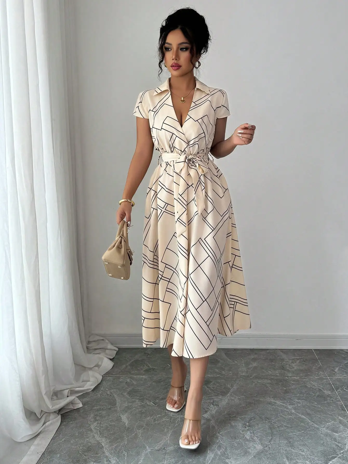 

Women's Cream Geometric Print Wrap Midi Dress with Cinched Waist
