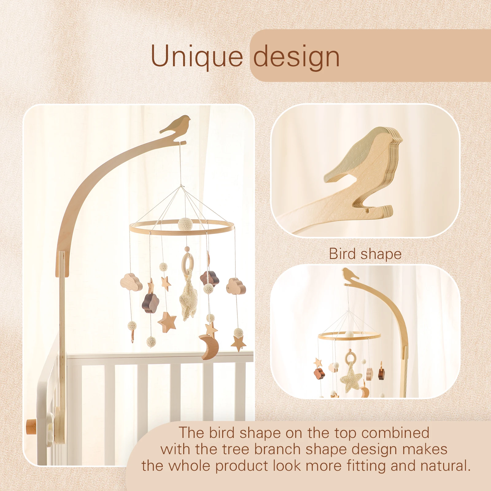 Baby Wooden Bed Bell Bird Shape Bracket Mobile Hanging Rattles Toys Hanger Baby Crib Mobile Bed Bell Wood Toy Holder Arm Bracket