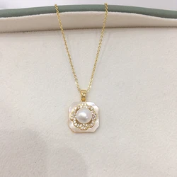ZHBORUINI 2024 Natural Freshwater Pearl Necklace With A Light Luxury And High-End Feel Natural Seashell Square Pearl Pendant