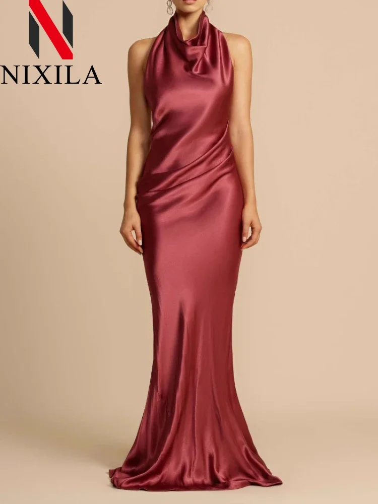 夏のサテンノースリーブミディドレス女性のセクシーなスリップイブニングパーティードレスエレガントなストリートロング女性のファッション新着