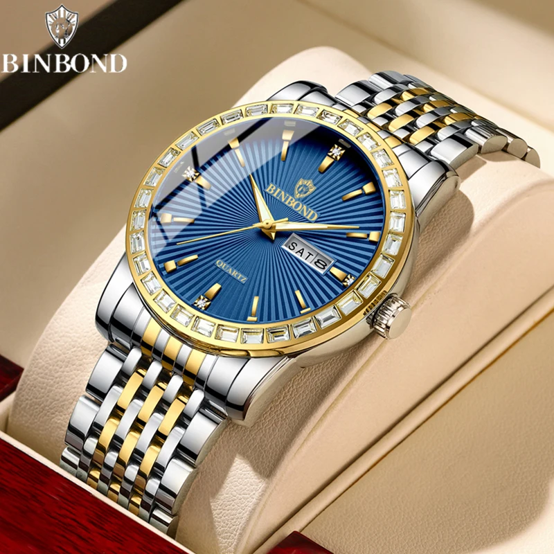 BINBOND-ساعة كوارتز فاخرة للرجال مرصعة بالماس ، عمل ، مضيئة ، مقاومة للماء ، ترفيه ، موضة ، رفيعة جدًا ، طالب ، رياضة